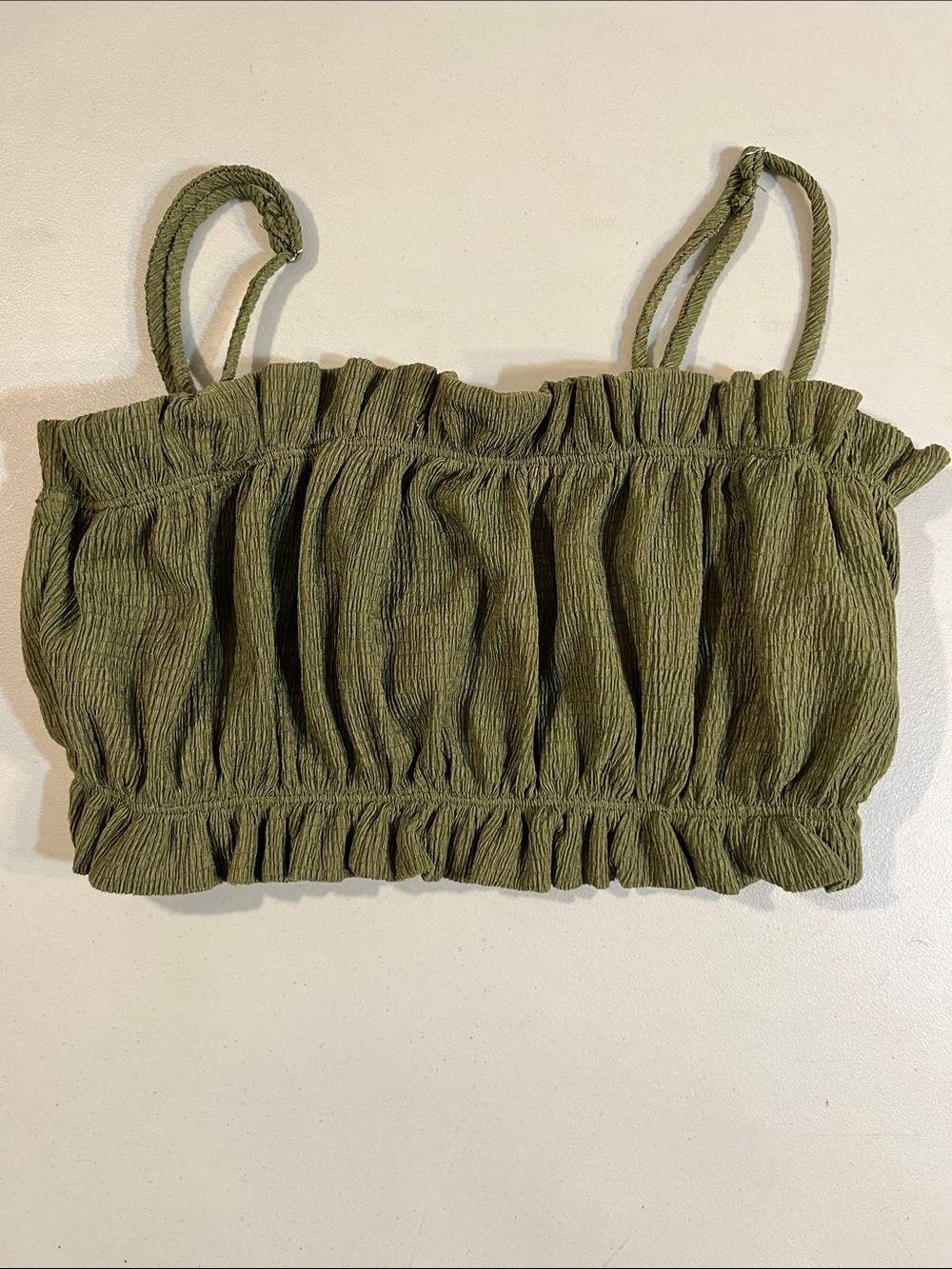 Forever 21 Olive Smocked Cropped Tank with Ruffle Trim